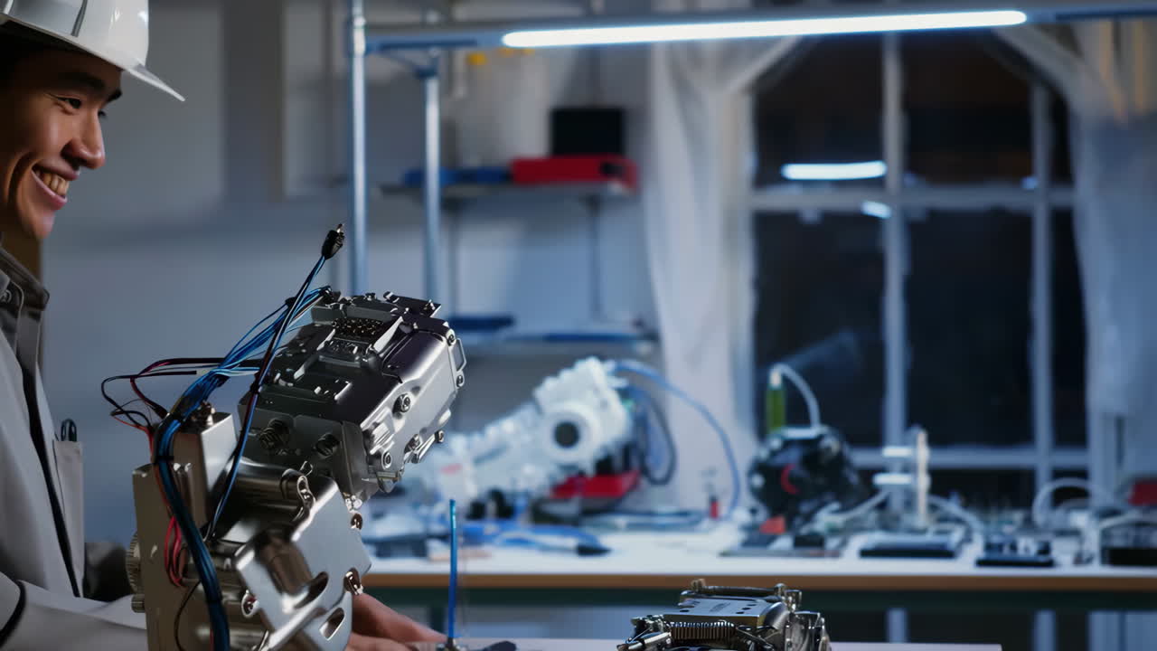 Engineer assembling robotic machinery