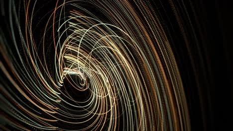 abstract energy tunnel in outer space. animation. flowing vortex energy of many golden bended lines on black background, seamless loop