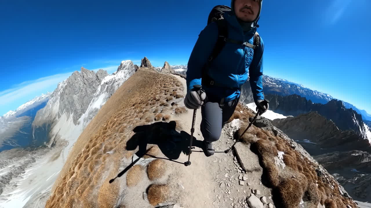 Hiker on a Mountain Ridge with Panoramic Alpine View