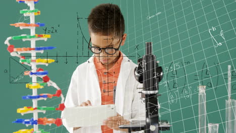 animation of mathematical formulae over smiling schoolboy using tablet