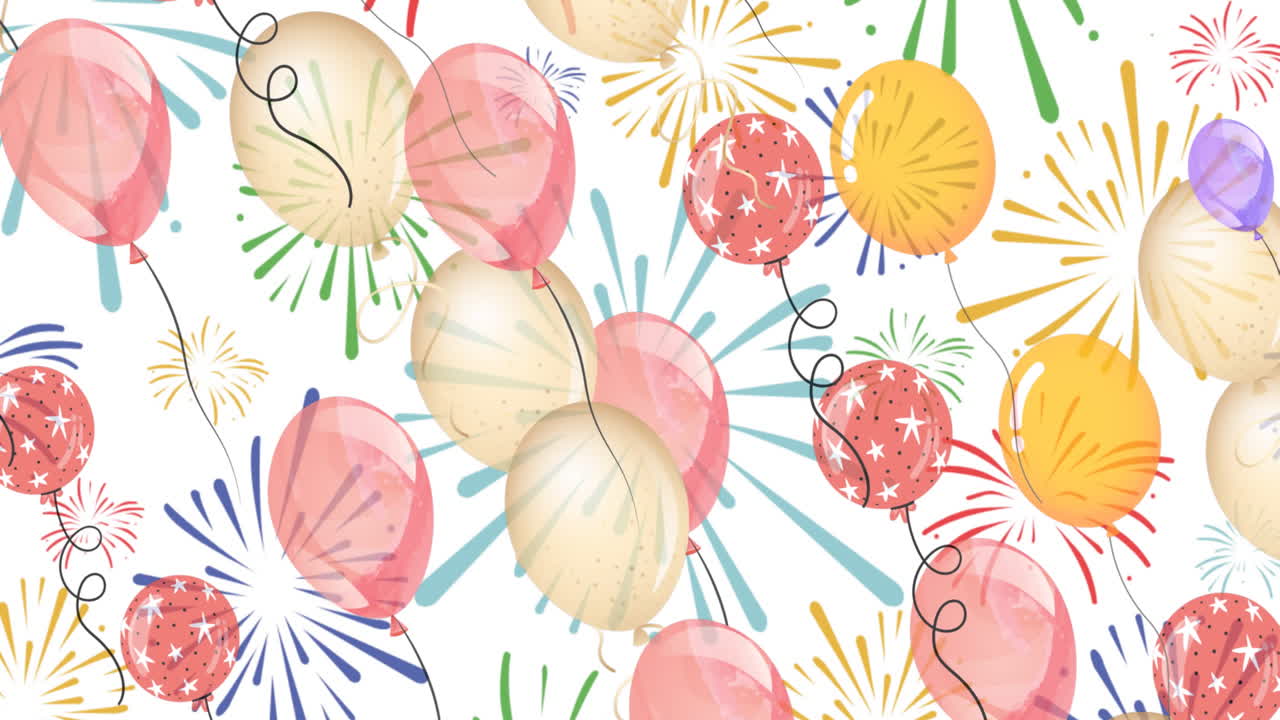 animación de la ilustración de globos coloridos que se mueven sobre explosiones de fuegos artificiales sobre fondo blanco