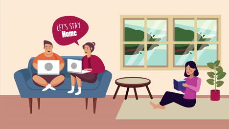 stay at home campaign with women using laptop and reading in livingroom
