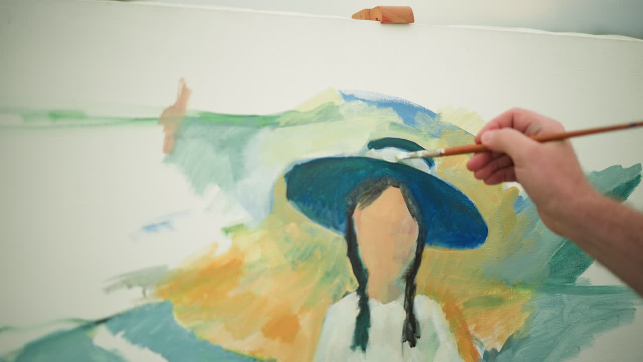 An artist, with their face not visible, wearing a checkered shirt, holding a palette and applying colorful strokes to a canvas. The vibrant portrait takes shape under the artist s careful brushwork