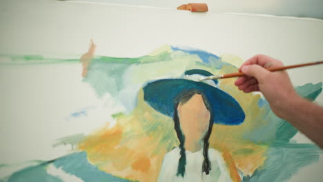 an artist, with their face not visible, wearing a checkered shirt, holding a palette and applying colorful strokes to a canvas. the vibrant portrait takes shape under the artist s careful brushwork