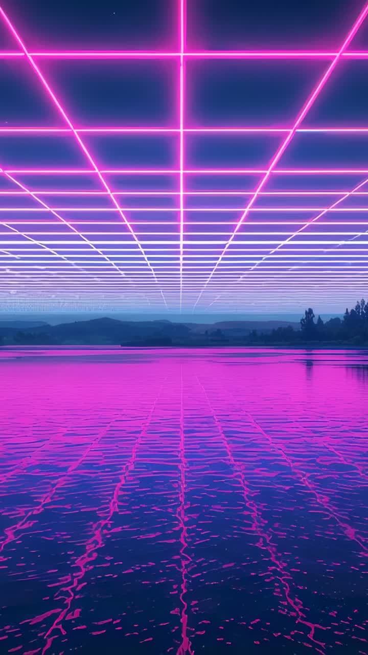Vertical video: Panning camera revealing neon pink grid hovering over lake at night, reflecting