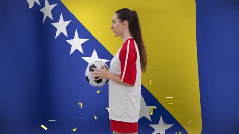 animation of caucasian female soccer player over flag of bosnia and herzegovina