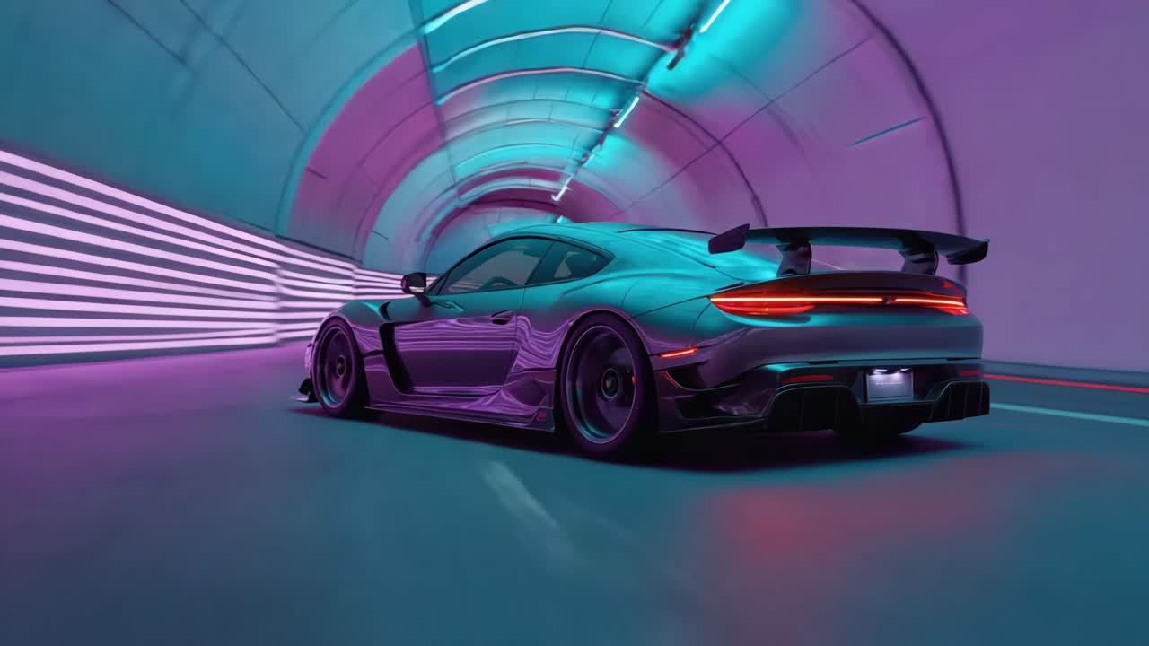 Sleek Sports Car in a Neon-Lit Futuristic Tunnel