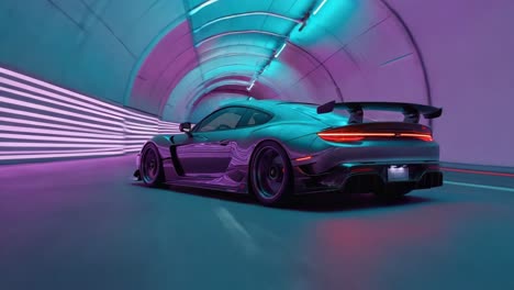 sleek sports car in a neon-lit futuristic tunnel