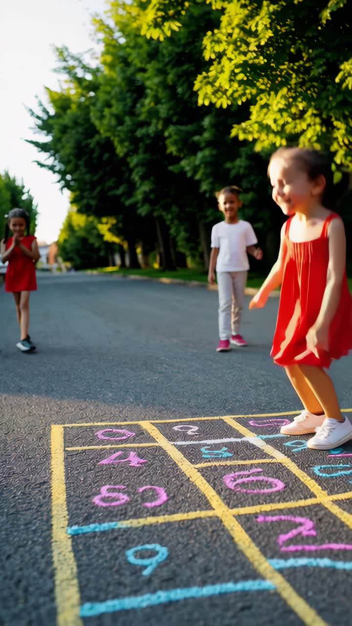 Children playing hopscotch on a sunny street