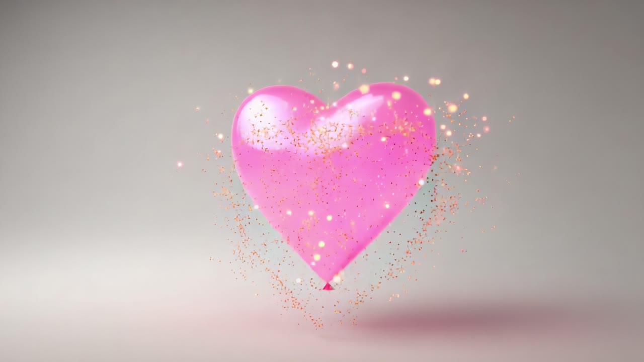 A captivating sequence featuring a pink heart balloon elegantly floating in mid-air, gradually transitioning into a mesmerizing explosion of colorful glitter and sparkles on a smooth surface