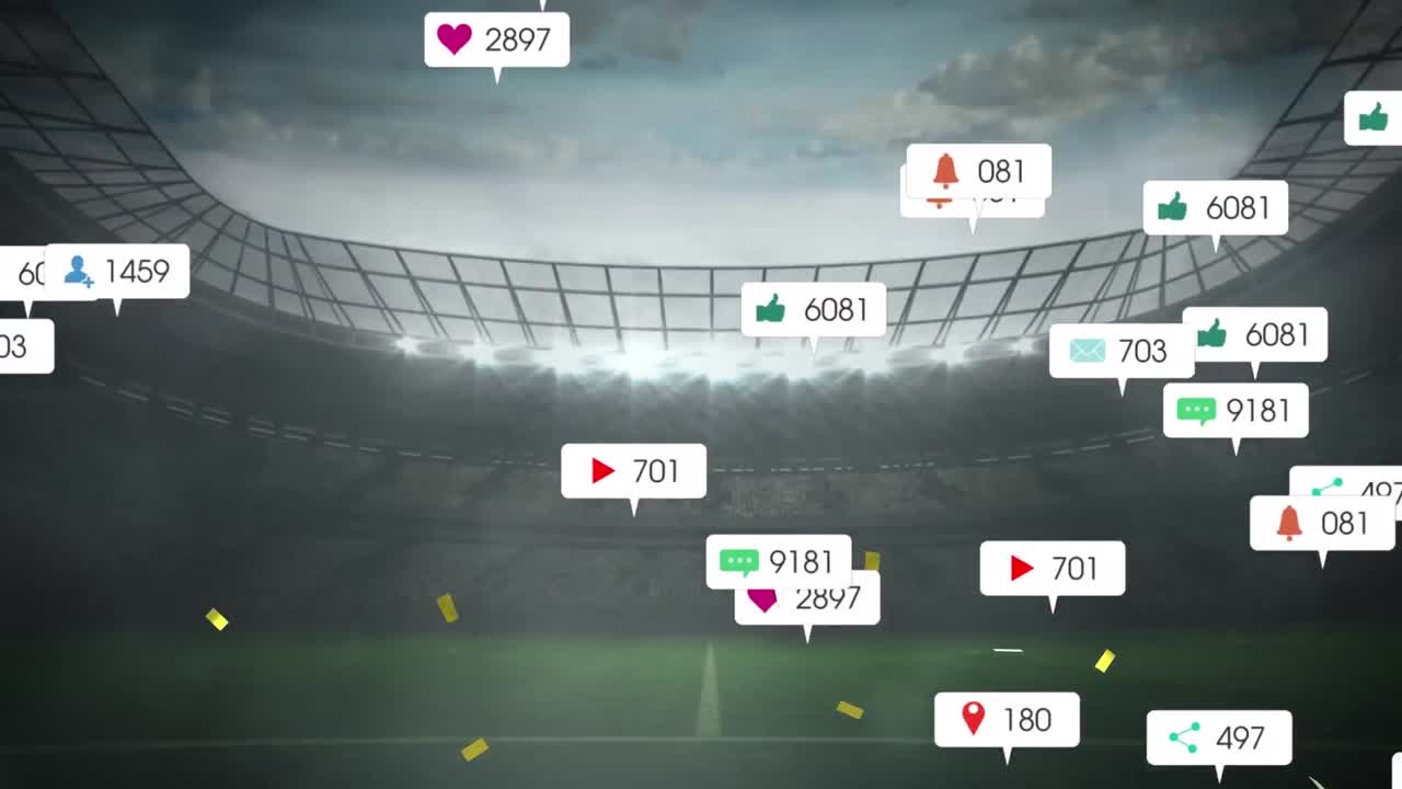 스포츠 경기장에 떨어지는 여러 미디어 아이콘과 황금 콘페티의 애니메이션