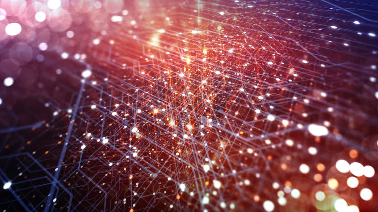 fondo tecnológico abstracto hecho de placa de circuito impreso. profundidad de efecto de campo y bokeh. conexiones a internet, computación en la nube y red neuronal, big data. renderizado en 3d, bucle sin costuras en 4k