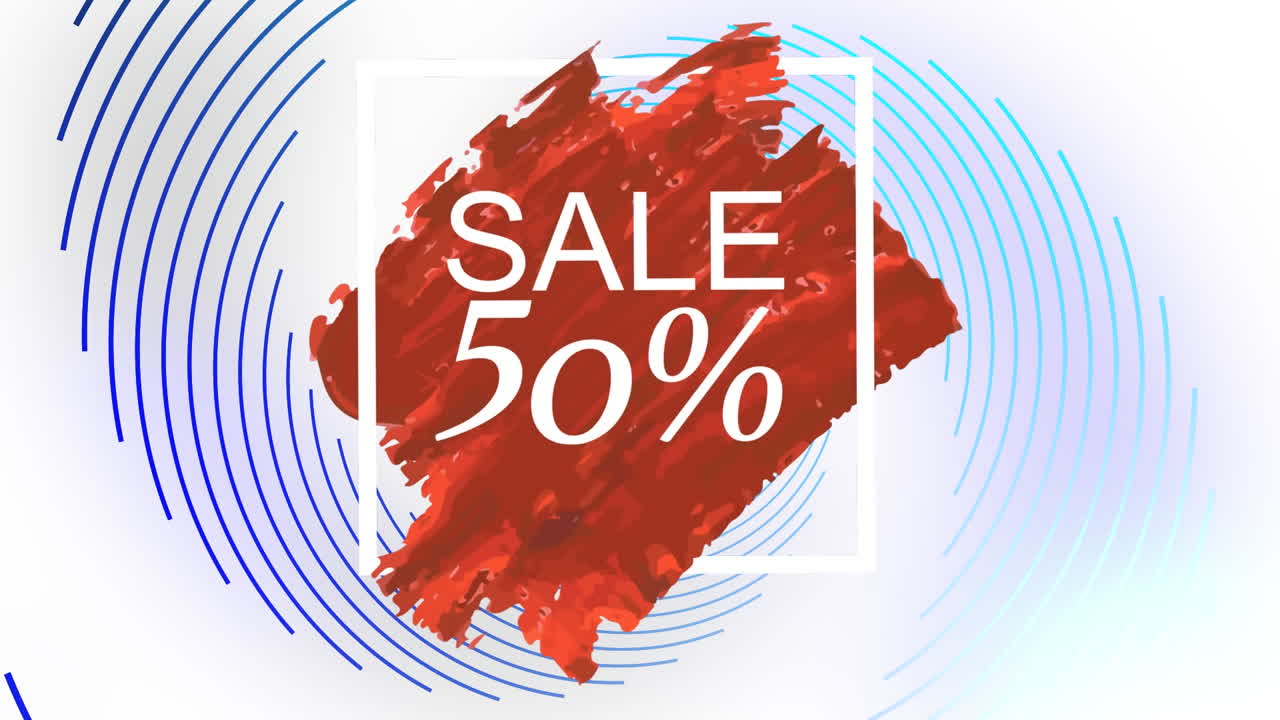 animación del texto de venta sobre círculos en movimiento sobre fondo blanco