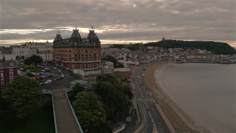 Establishing-Drone-Shot-Around-Scarborough-Beachfront-at-Dawn