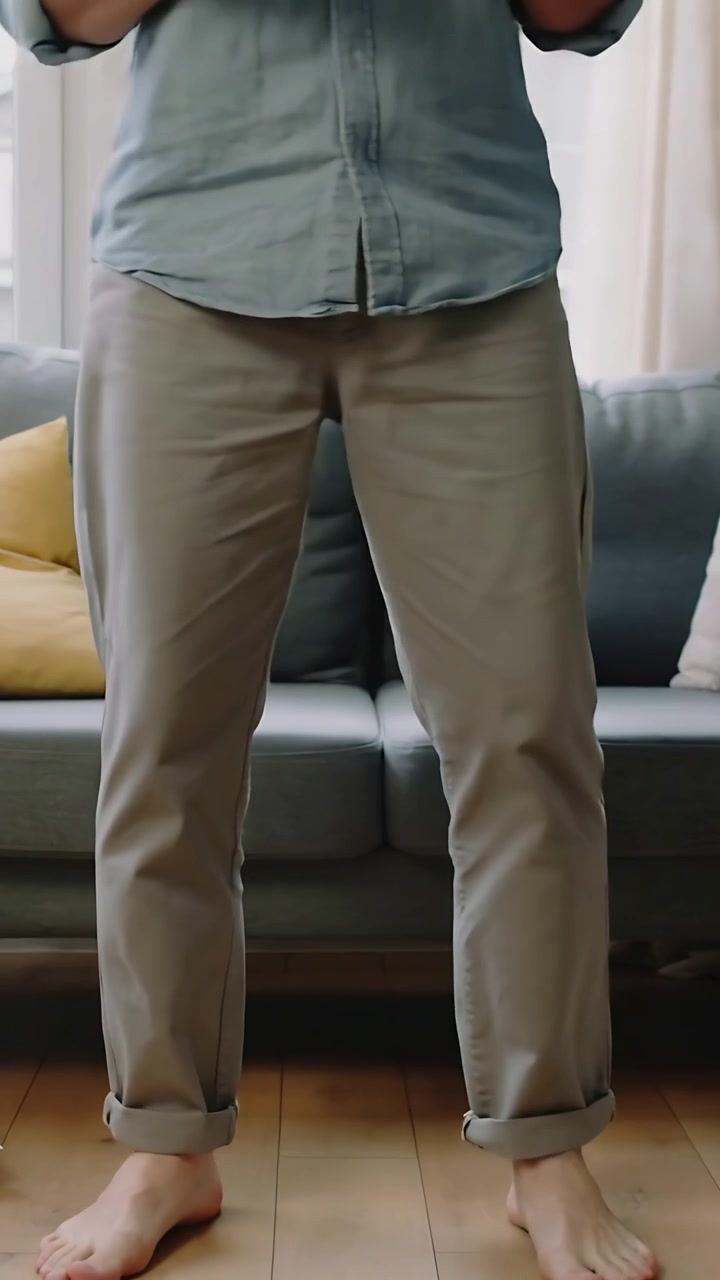 Vertical video: Shifting weight man in shirt and khakis lifting foot, adjusting for balance by sofa