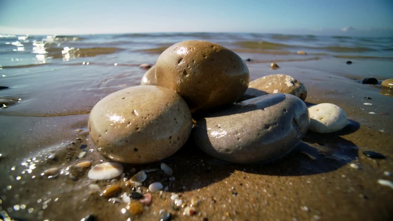 Fünf glatte, glänzende Kieselsteine werden von flachen Wellen auf nassem Sand umspült und reflektieren das Sonnenlicht.