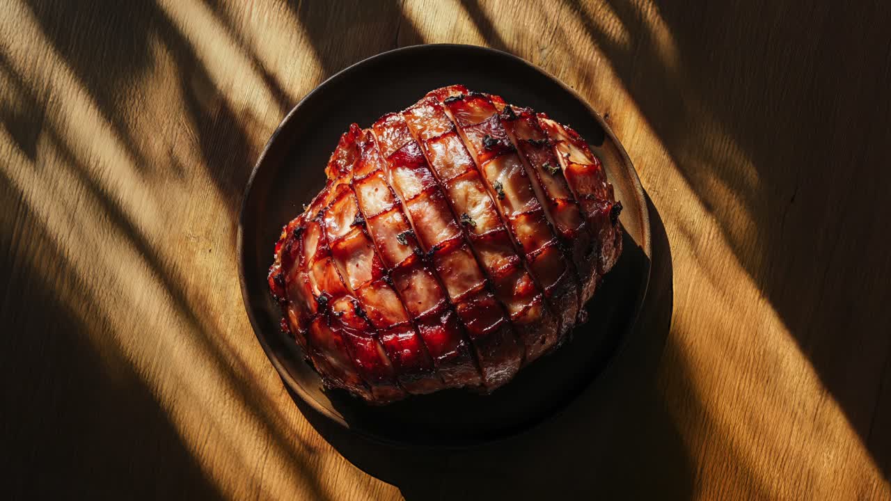 Prosciutto cotto al forno con glassa dolce, perfetto per un pasto festivo.