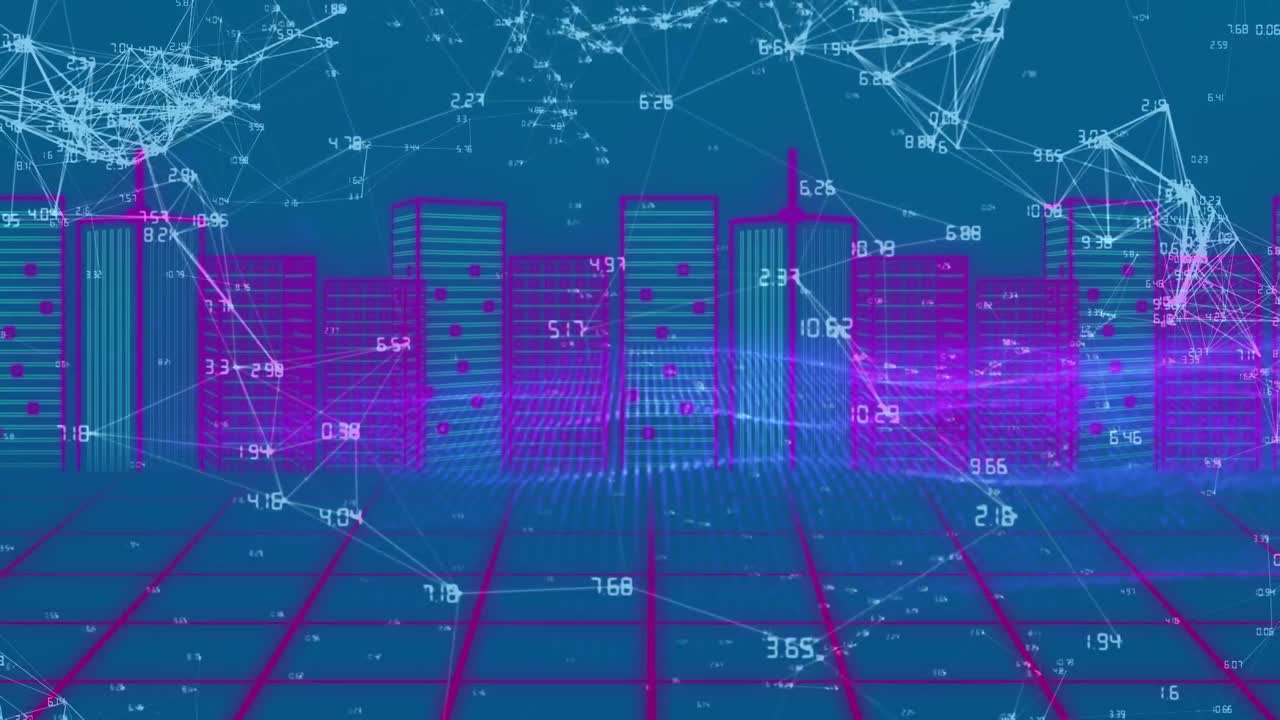 3d 도시 풍경 위의 숫자와 연결된 네트워크의 애니메이션