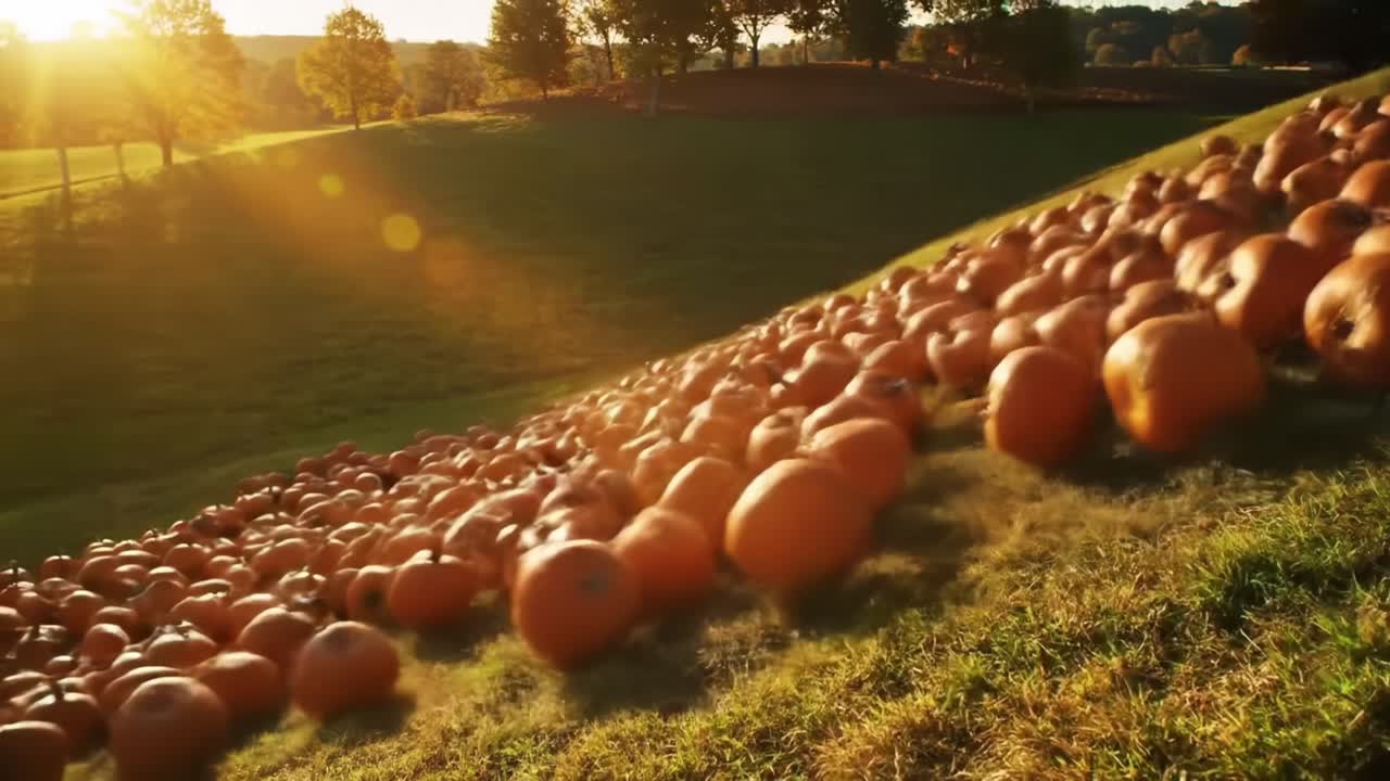 Pumpkins Rolling Down a Hillside at Sunset During a Fall Festival in a Rural Area