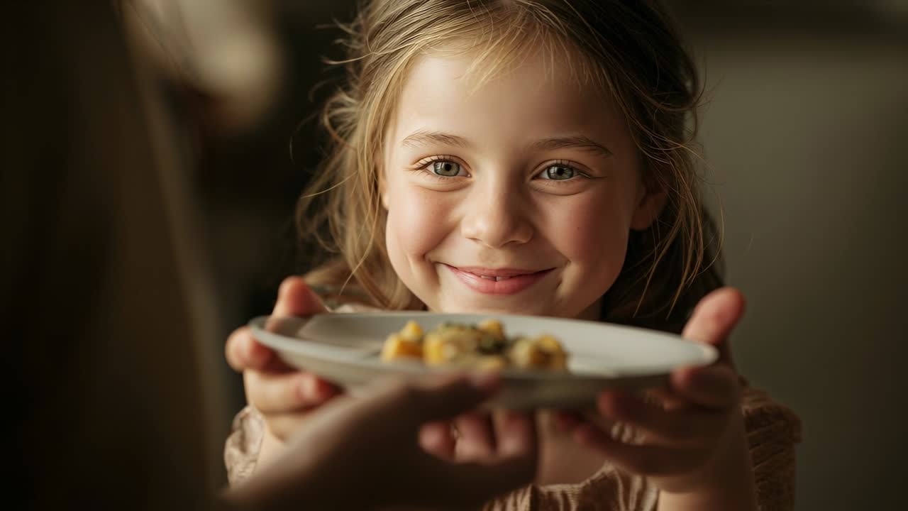Bambino sorridente si allunga, tenendo un piatto e accettando snack mentre un adulto offre le mani a casa, con un top arricciato.