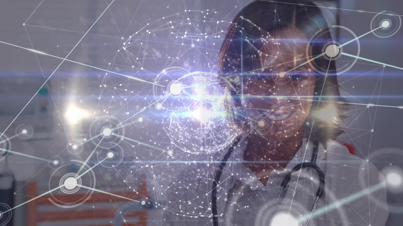 animación de la red de conexiones con el globo sobre la mujer médica afroamericana.