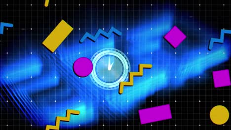 Animation-of-scanner-with-clock-face-processing,-colourful-game-and-media-icons-with-shapes-on-black