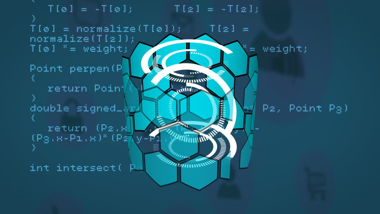 Animation of tube made of hexagons over data processing on blue background