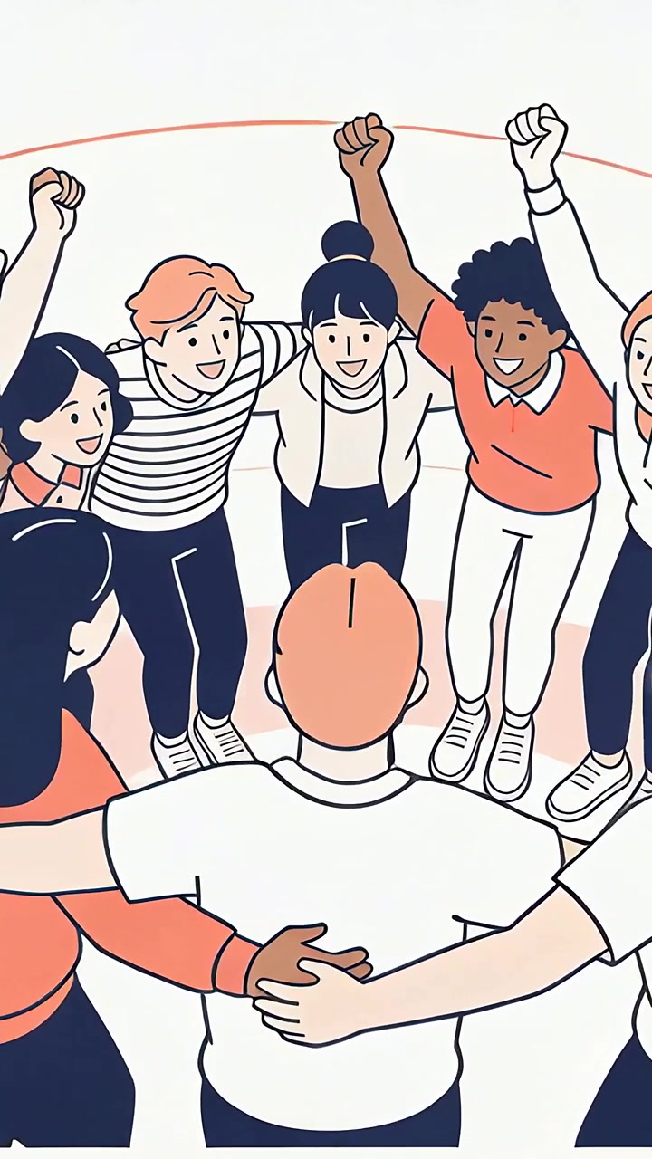 Vertical video: Stepping into circle eight people forming huddle on ringed floor, celebrating unity