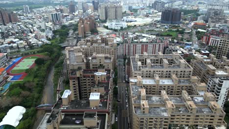 residential buildings and park in luzhu district, taoyuan city, taiwan, aerial view