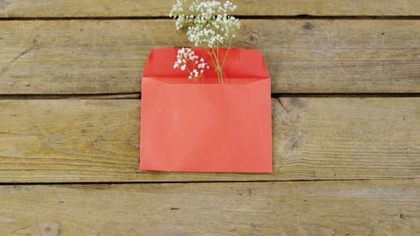 white flower in envelope on wooden plank