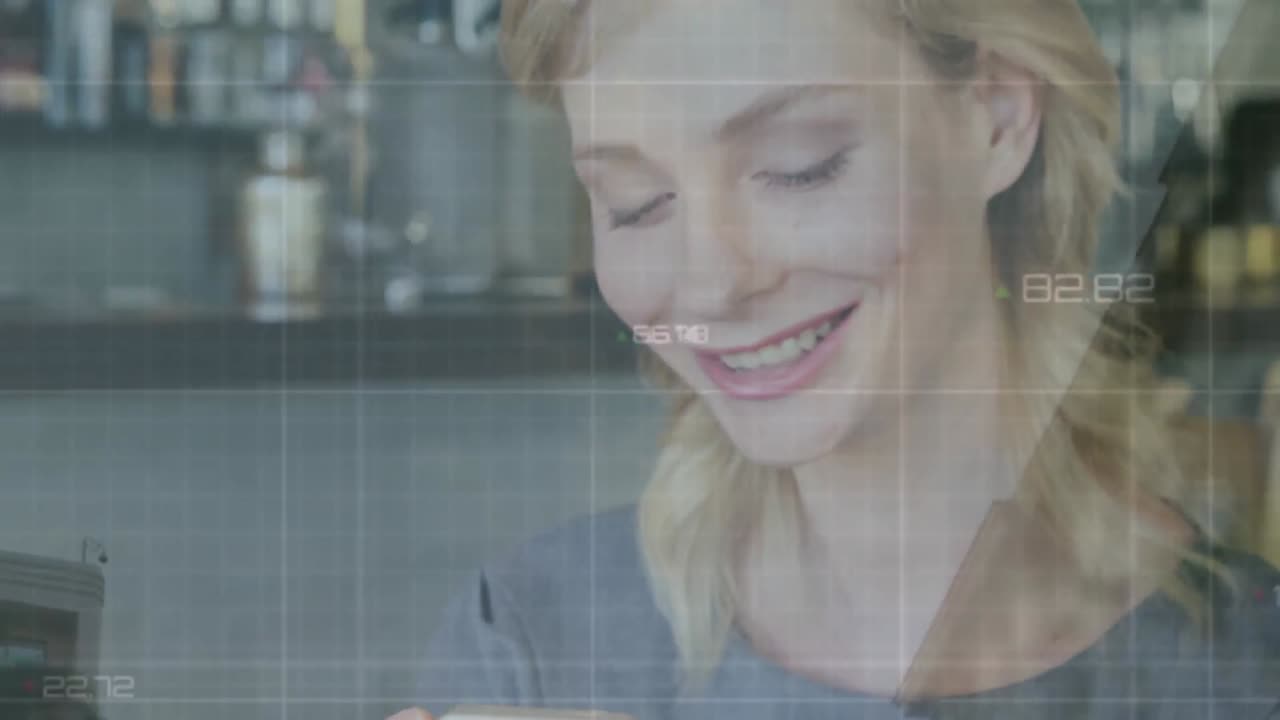 Animation of financial data processing over caucasian woman using smartphone