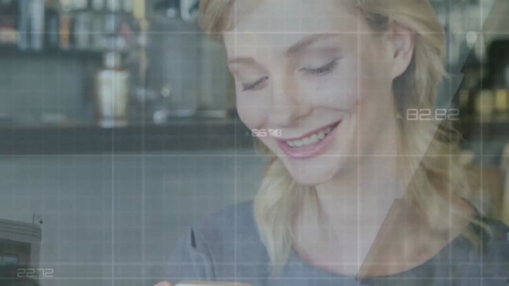 Animation of financial data processing over caucasian woman using smartphone