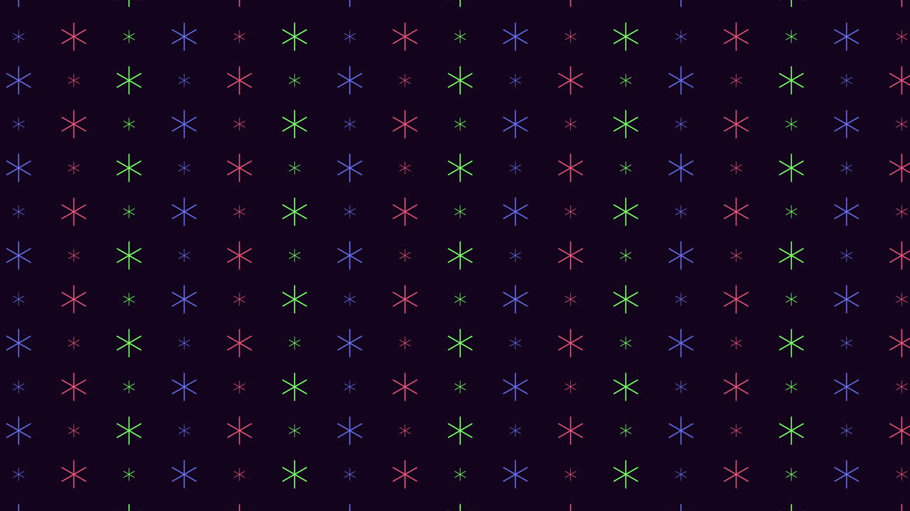 Seamless abstract footage of colorful neon star shapes forming a geometric pattern on a dark background. Minimalist motion graphic style ideal for backdrops, presentations, titles