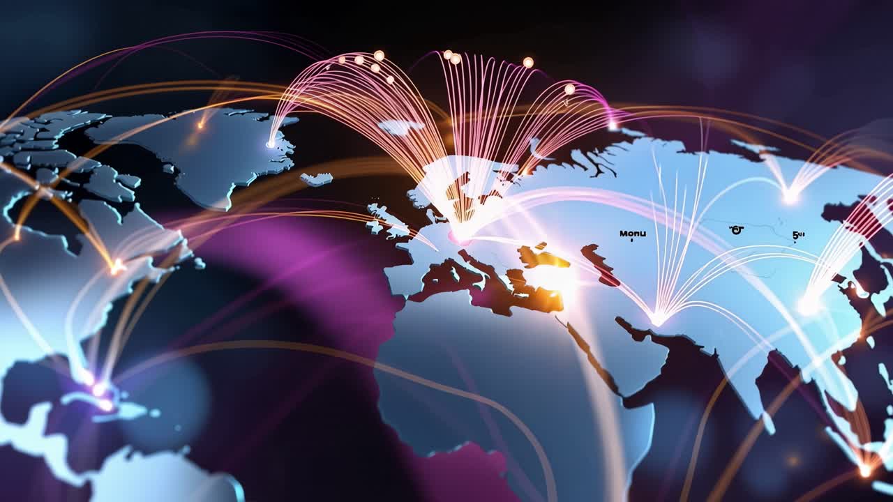 Global Data Network Connecting World Map with Glowing Lines