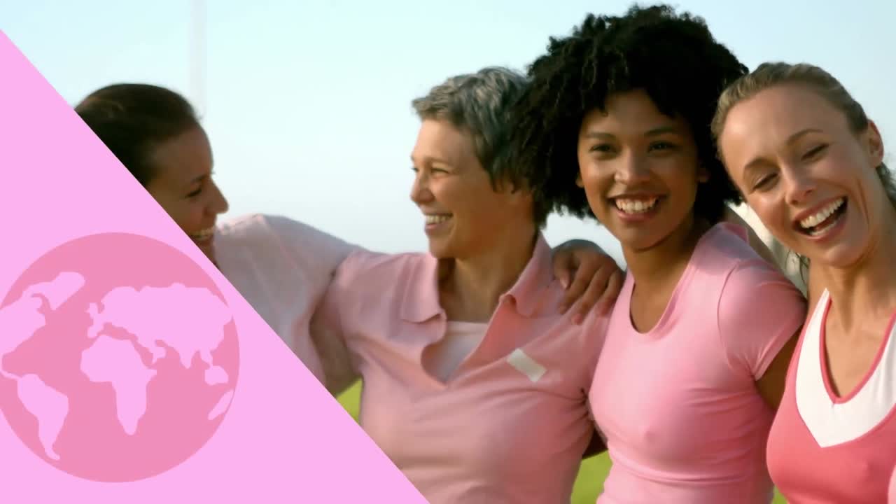 Animación de globo rosa sobre grupo de mujeres sonrientes