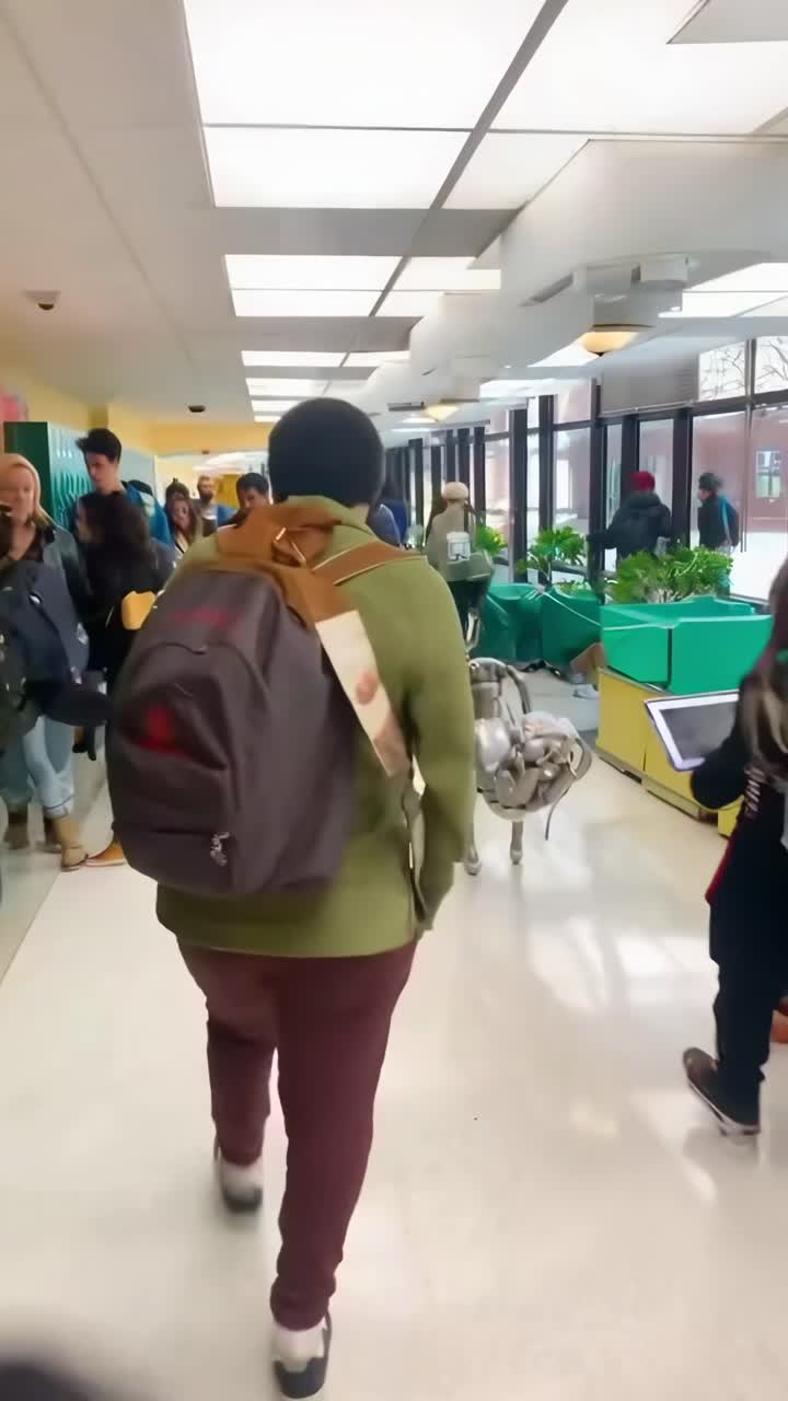 Video sudut tinggi siswa berjalan di lorong sekolah, menampilkan suasana yang hidup