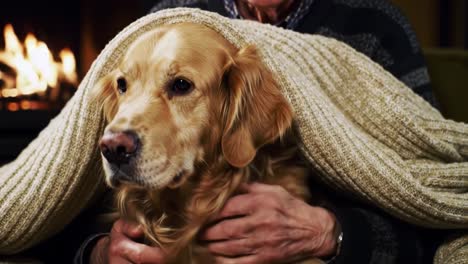 a heartwarming scene of companionship: an elderly person warmly embracing their golden retriever under a cozy blanket by the fireplace