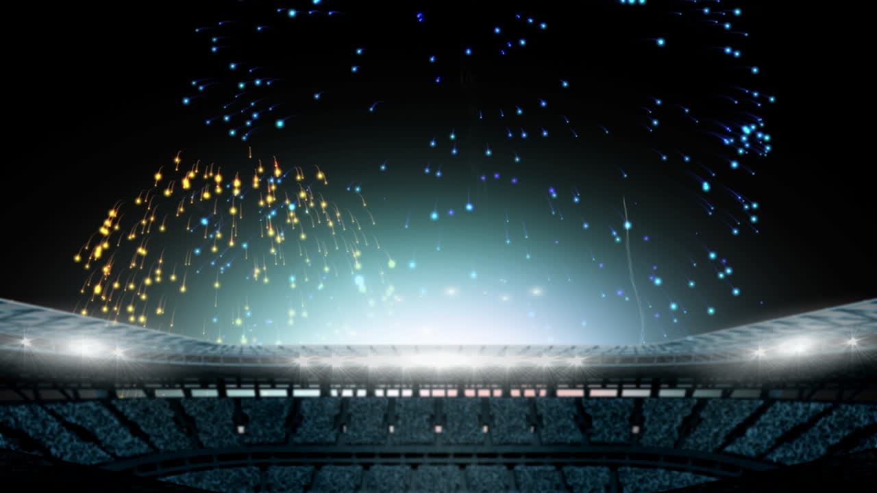 야간 스포츠 스타디움에서 불꽃놀이 애니메이션