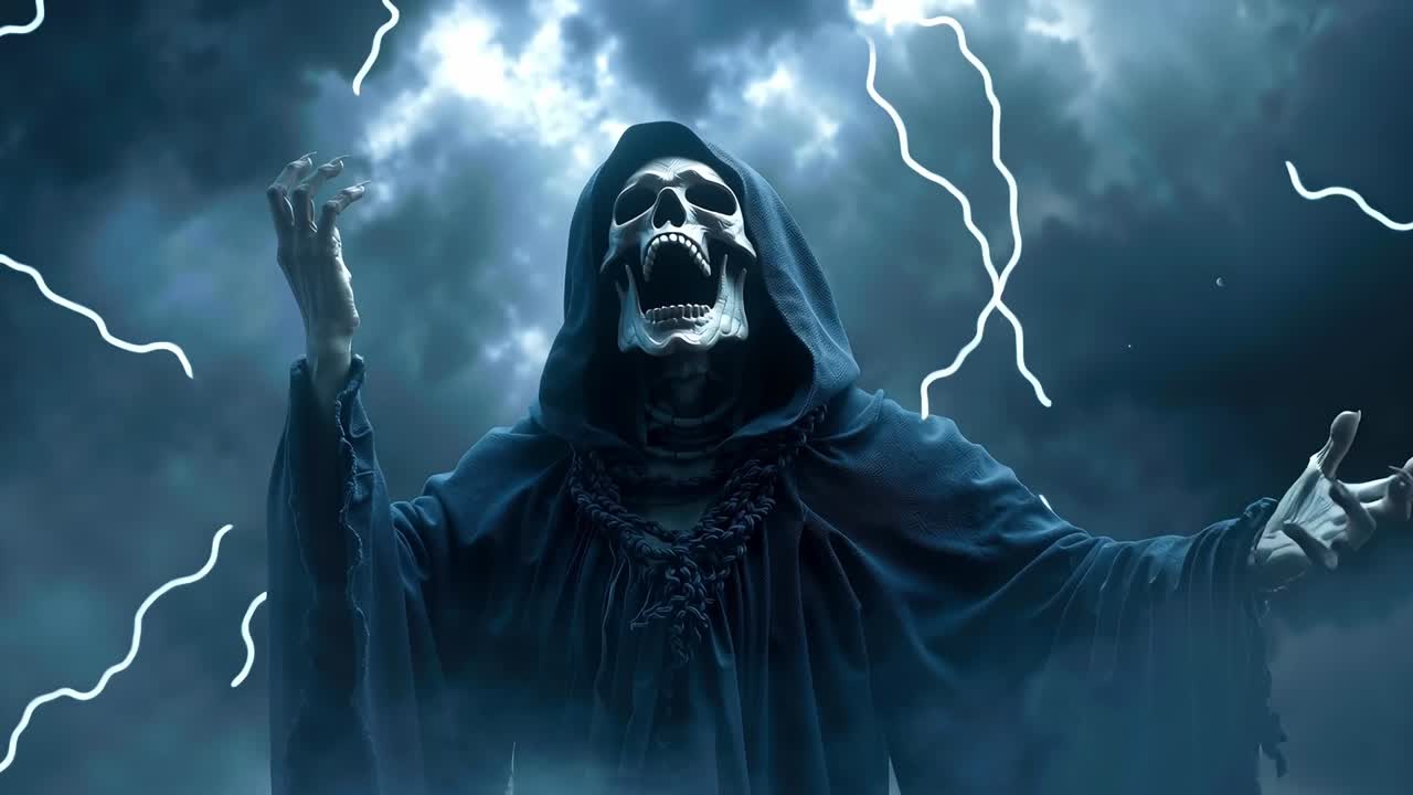 A grim reaper in a dark sky with his hands outstretched