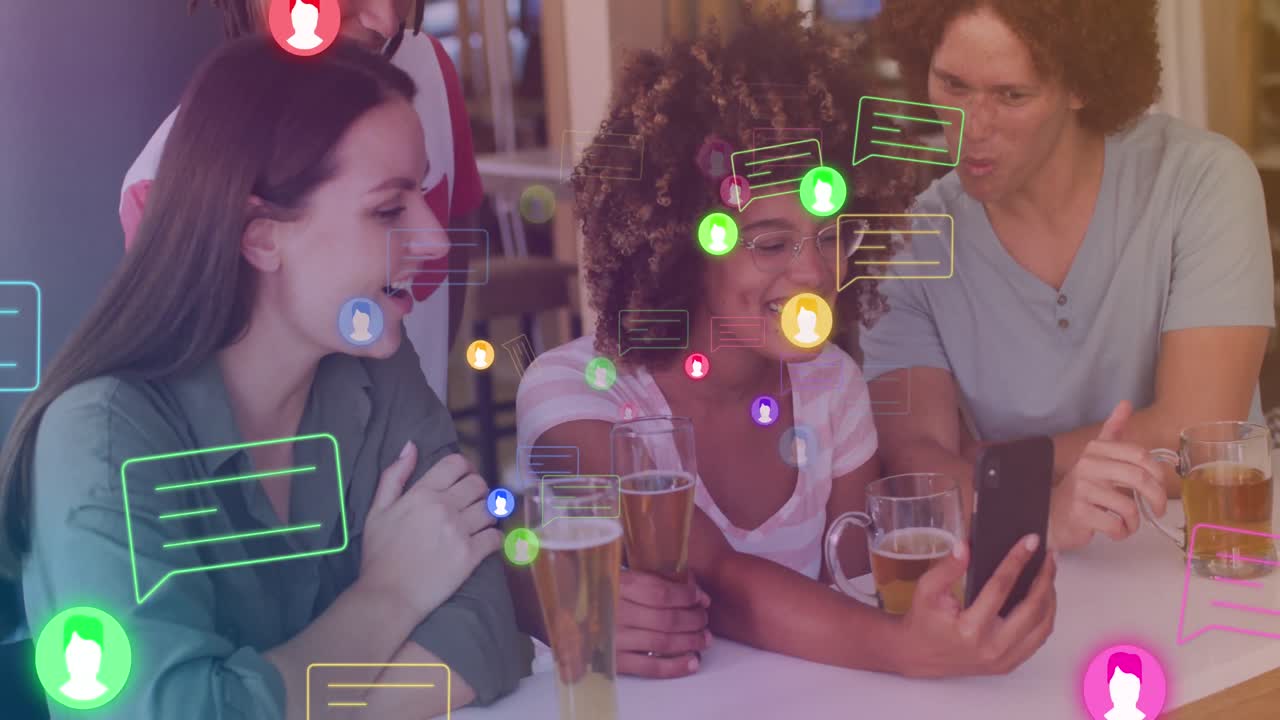 Animation of media icons over happy diverse friends drinking beer