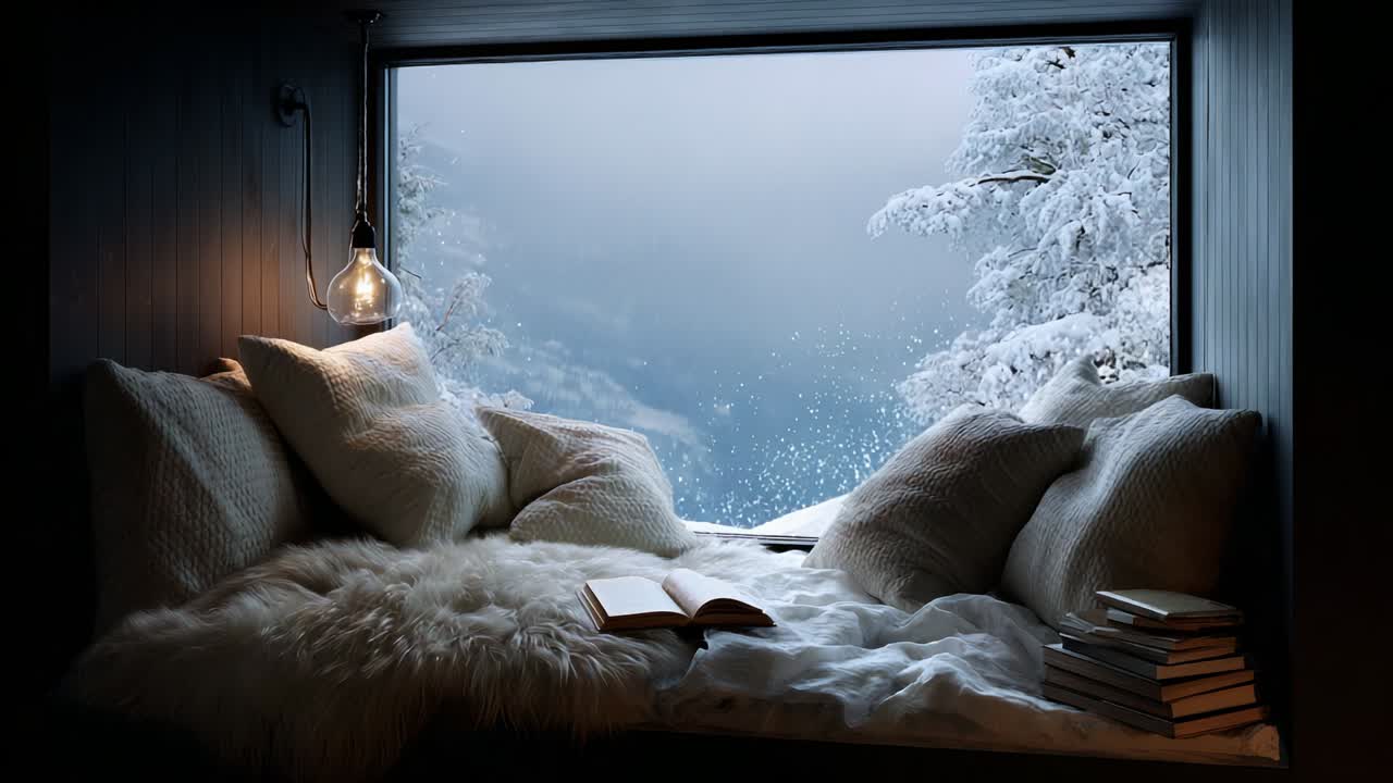 A Cozy Winter Retreat Featuring a Comfortable Reading Nook with Plush Pillows, a Soft Blanket, and a Scenic Snowy View Outside the Window, Perfect for Enjoying a Book on a Chilly Day