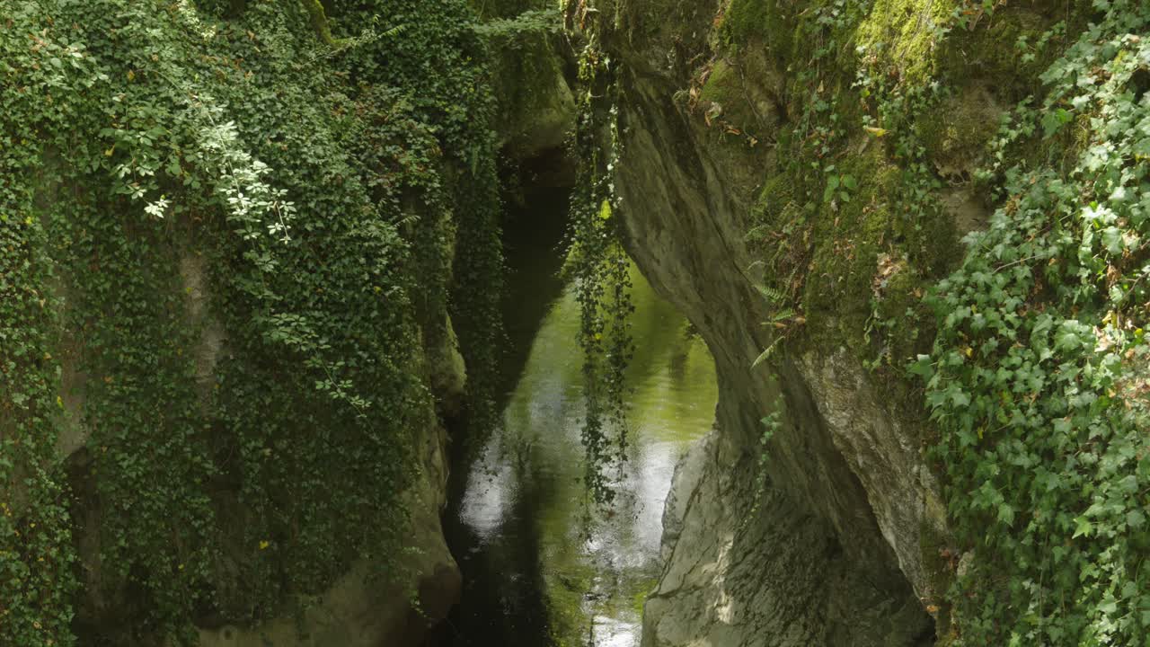 panorámica del flujo del río entre el acantilado verde de las montañas alpinas otoño