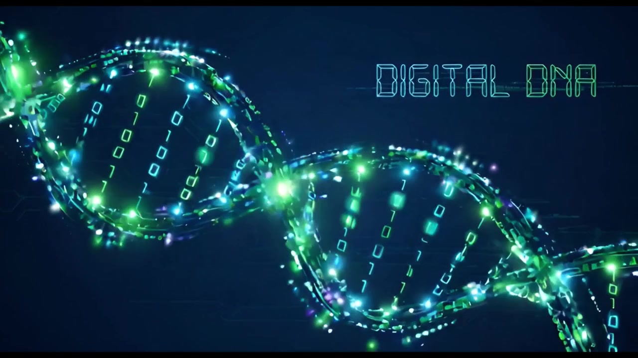Digital DNA Helix with Glowing Binary Code on Dark Background