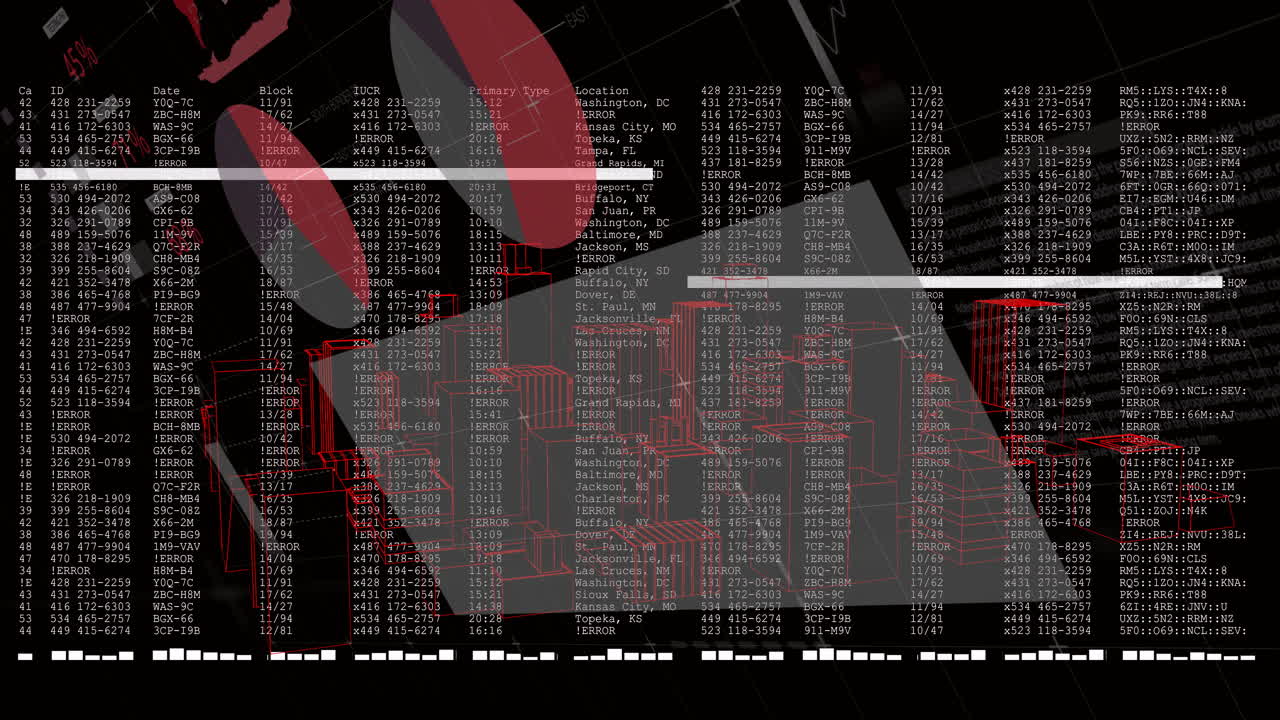 Animation of geometric shapes overlaying cityscape wireframe in abstract design