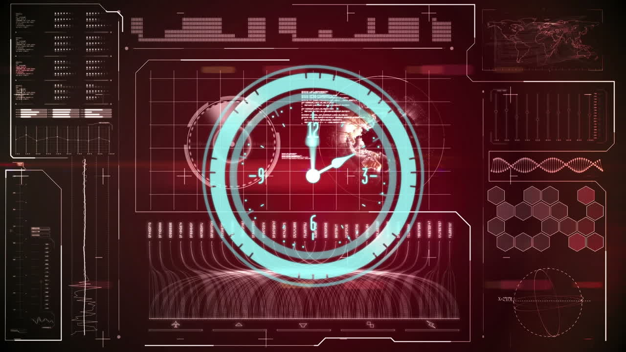 Animation of clock moving over diverse data on red digital screen