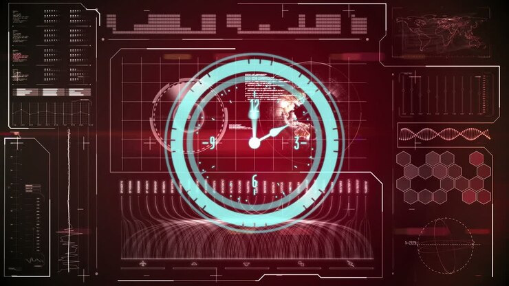 Animation of clock moving over diverse data on red digital screen