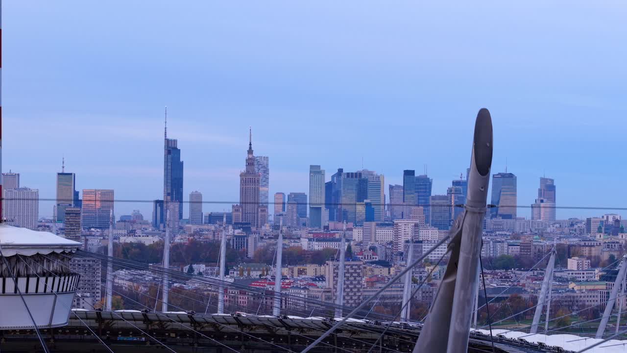 Warsaw, Poland, Revealing Drone Shot of Downtown Skyline From PGE Narodowy Football Stadium