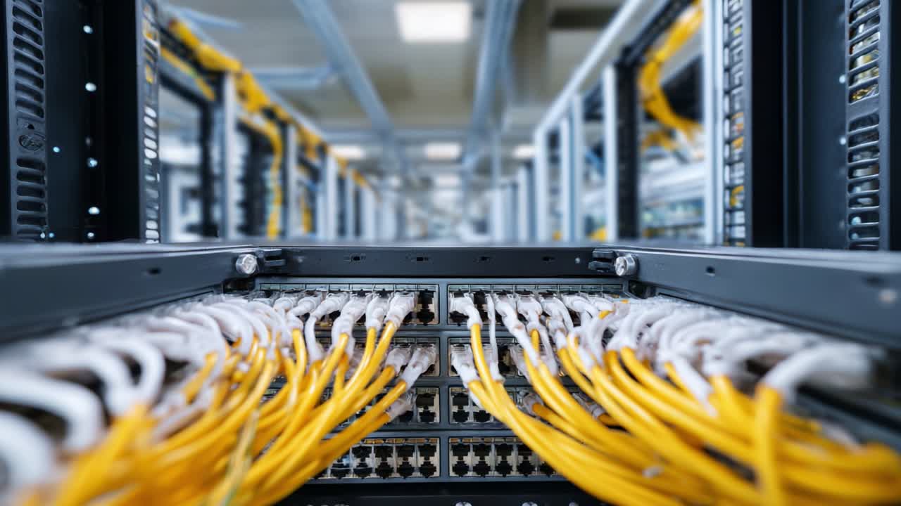 A Close-Up View of Structured Networking Equipment Highlighting Cable Management and Connectivity in a High-Tech Data Center Environment