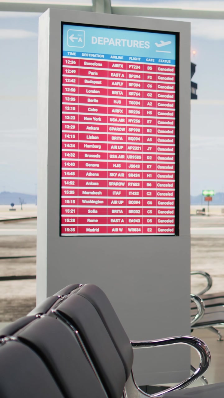 Video vertical. Múltiples vuelos cancelados en pantalla de información, enfatizando el caos de los viajes.