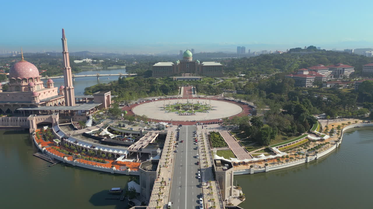 Masjid Putra And Government House Putrajaya Kuala Lumpur Drone Track In Establishing Shot 4K 60FPS